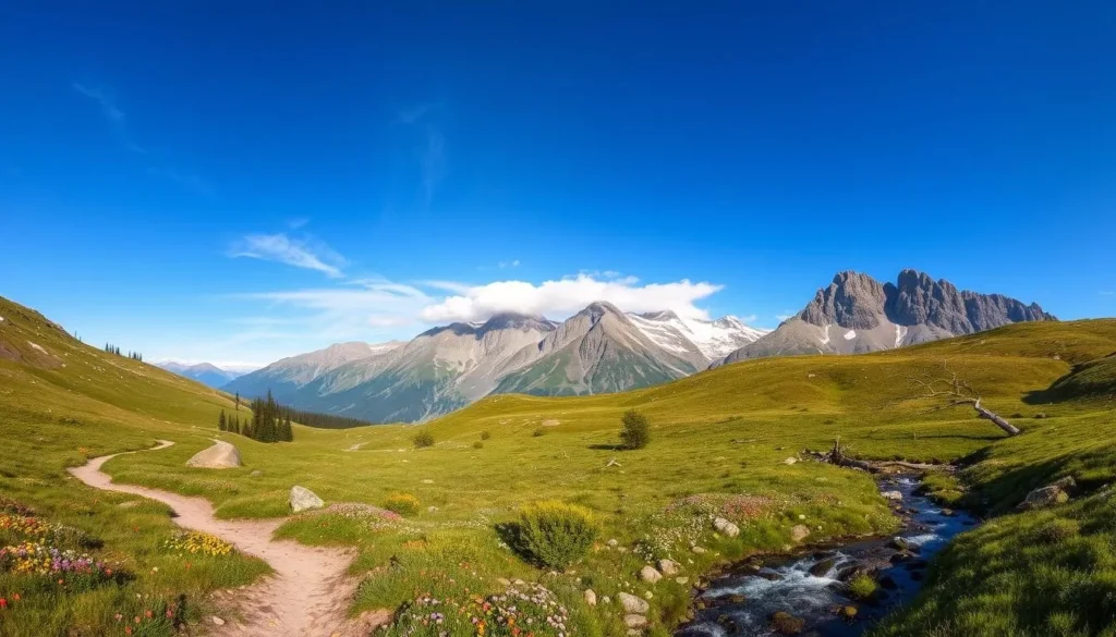 A breathtaking landscape of the Laktatjakka Mountains in Sweden, with rugged peaks rising into the clear blue sky. In the foreground, a winding hiking trail leads through a lush, verdant valley, dotted with vibrant wildflowers. Scattered boulders and fallen trees add a sense of natural wonder, while a gently flowing stream reflects the surrounding scenery. In the middle ground, the majestic mountains loom, their snow-capped summits glistening in the warm, diffused sunlight. Wispy clouds drift lazily overhead, creating a sense of tranquility and serenity. The scene is captured with a wide-angle lens, emphasizing the grand scale and immersive nature of this stunning outdoor setting, perfect for an adventurous hike.