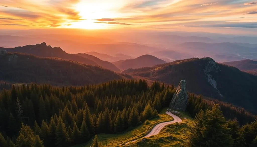 A breathtaking landscape of the Lusatian Mountains in Czechia, bathed in the warm glow of a golden sunset. In the foreground, a winding path meanders through a lush, verdant forest, inviting the viewer to explore its hidden trails. In the middle ground, majestic peaks rise up, their rugged slopes adorned with a patchwork of evergreen forests and rocky outcroppings. The background is dominated by a stunning panorama of distant mountains, their silhouettes silhouetted against a vibrant sky filled with hues of orange, pink, and purple. The scene is illuminated by soft, directional lighting, casting long shadows and creating a sense of depth and dimensionality. The overall mood is one of tranquility and awe, capturing the essence of this hidden gem of Czechia.