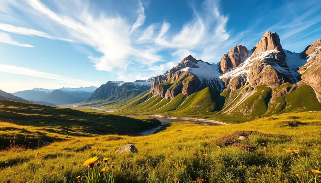 A breathtaking landscape of the Østfold Mountains in Norway, bathed in warm, golden sunlight. In the foreground, lush, verdant meadows dotted with vibrant wildflowers sway gently in the crisp mountain breeze. The middle ground features a winding river, its clear, reflective waters cutting through the rugged, snow-capped peaks that rise majestically in the background. Towering cliffs and rocky outcroppings cast dramatic shadows, creating a sense of depth and grandeur. The sky is a stunning azure, with wispy clouds drifting lazily overhead, completing the serene, natural harmony of this picturesque scene.