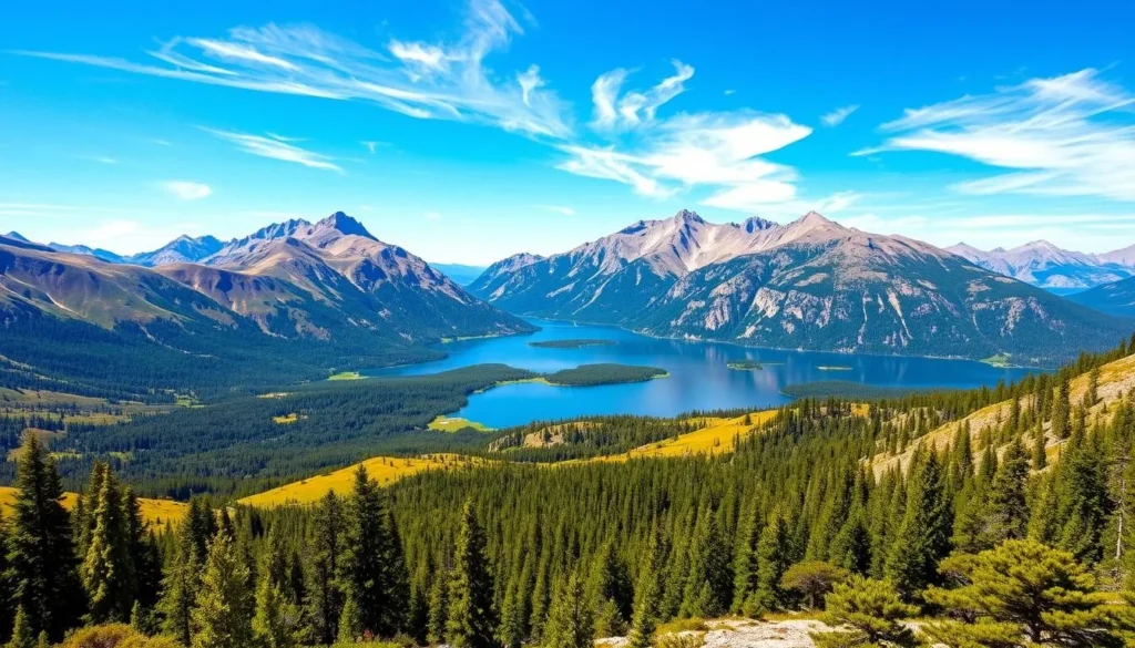 A breathtaking landscape of the Sawtooth National Recreation Area, Idaho, captured on a sun-dappled summer day. Rolling hills, craggy mountain peaks, and pristine alpine lakes fill the frame, inviting exploration. Lush evergreen forests line the foreground, leading the eye towards a serene lake reflecting the majestic Sawtooth range. Wisps of cloud drift across a brilliant blue sky, casting gentle shadows over the rugged terrain. A sense of adventure and tranquility pervades the scene, perfectly encapsulating the essence of this spectacular wilderness area.