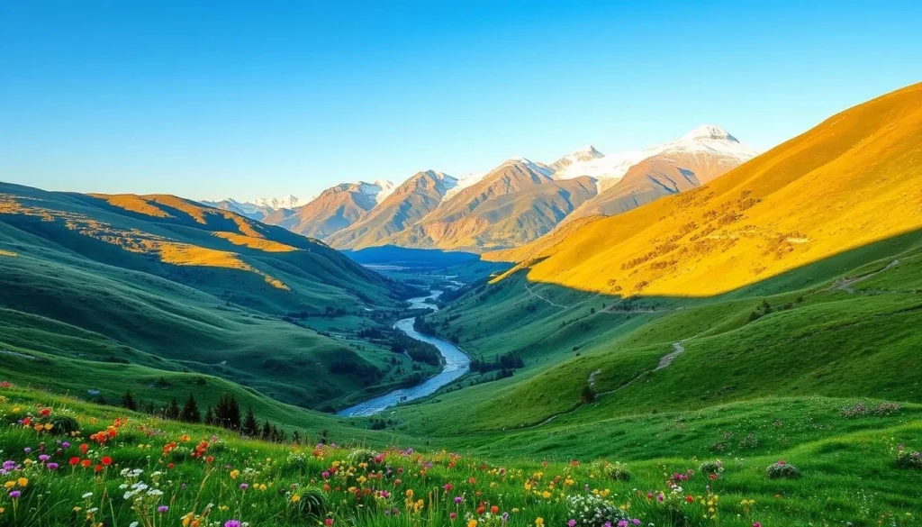 A breathtaking landscape of the White Carpathians in Czechia, bathed in warm, golden sunlight. In the foreground, rolling hills covered in lush, verdant meadows dotted with vibrant wildflowers. In the middle ground, a winding stream meandering through the tranquil valley, its waters glistening. In the distance, the majestic peaks of the White Carpathians rise, their snow-capped summits reaching up towards the clear, azure sky. The scene conveys a sense of peace, serenity, and the beauty of nature, perfectly capturing the essence of the best time to visit this stunning region.