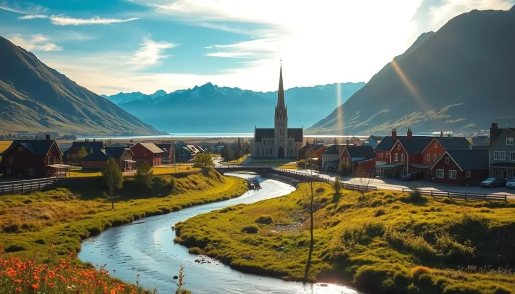 A breathtaking landscape of the picturesque town of Alta, Norway, bathed in the soft, golden light of a summer afternoon. In the foreground, a winding river meanders through the lush, verdant valley, dotted with vibrant wildflowers. Beyond, the iconic Nordlyskatedralen (Northern Lights Cathedral) stands proudly, its striking architecture reflected in the still waters. In the middle ground, cozy wooden cabins and charming local shops line the streets, inviting visitors to explore the town's rich cultural heritage. In the distance, the majestic Finnmarksvidda plateau rises, its snow-capped peaks touching the azure sky. The scene exudes a serene, tranquil atmosphere, capturing the essence of Alta's natural beauty and the warmth of its people.
