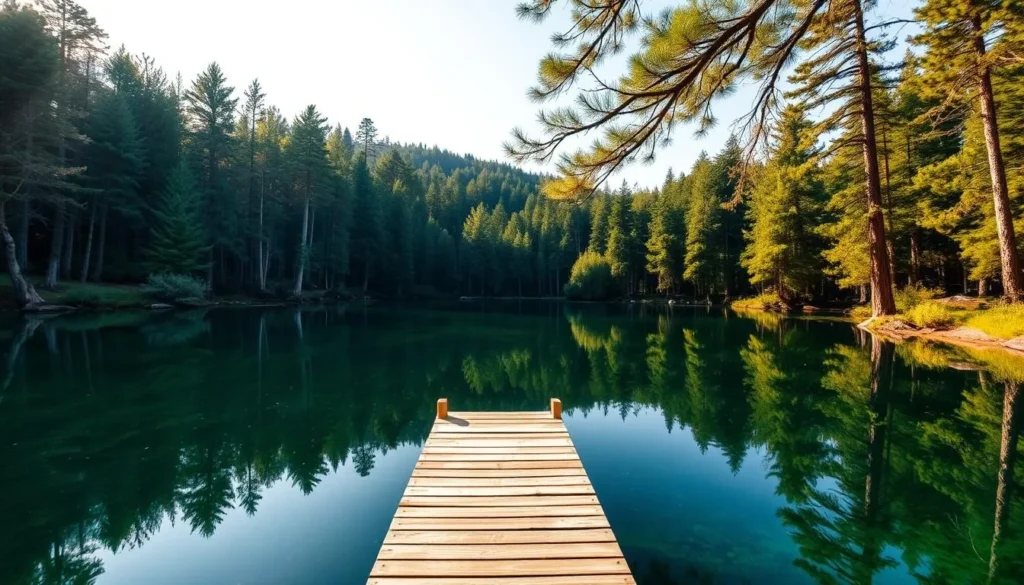 A breathtaking landscape of the serene Black Lake in Czechia, captured through the lens of a professional photographer. The crystal-clear waters reflect the surrounding dense forest, creating a mesmerizing mirror-like surface. Sunlight filters through the lush canopy, casting warm, gentle illumination across the scene. In the foreground, a wooden jetty extends into the lake, inviting exploration. Framing the composition, towering pine trees stand tall, their branches swaying gently in the breeze. The overall atmosphere evokes a sense of tranquility and natural beauty, perfectly showcasing the photographic potential of this remarkable location.