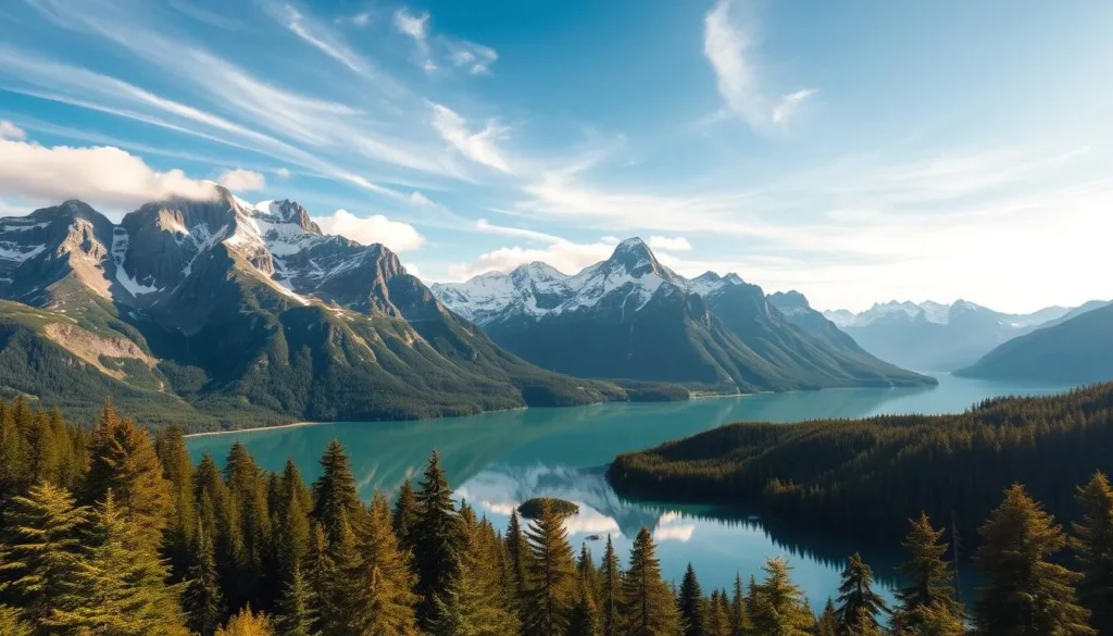 A breathtaking landscape of the towering Gjende mountains, their jagged peaks and snow-capped summits reflected in the serene, emerald-hued waters of Lake Gjende. Sunlight filters through wispy clouds, casting a warm, golden glow over the scene. In the foreground, lush, verdant forests line the shore, their trees swaying gently in the cool breeze. The middle ground reveals the expansive, mirror-like surface of the lake, its tranquil waters inviting exploration. In the distance, the majestic mountains rise, their rugged, imposing silhouettes creating a dramatic backdrop. Capture the essence of this Norwegian natural wonder, a true gem nestled in the heart of the Jotunheimen National Park.