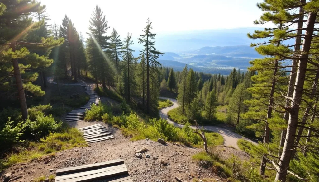A breathtaking landscape of winding hiking trails winding through the lush, verdant forests of Glaskogen Nature Reserve, Sweden. Sunlight filters softly through the canopy, casting a warm, golden glow over the winding paths that invite exploration. In the foreground, the trail is clearly marked, with well-maintained wooden planks and gravel underfoot. The middle ground reveals towering pine and birch trees, their branches swaying gently in the breeze. The background showcases the rolling hills and distant peaks, hazy blue and serene. The overall atmosphere is one of tranquility and adventure, inviting hikers to immerse themselves in the natural beauty of this stunning Swedish wilderness.