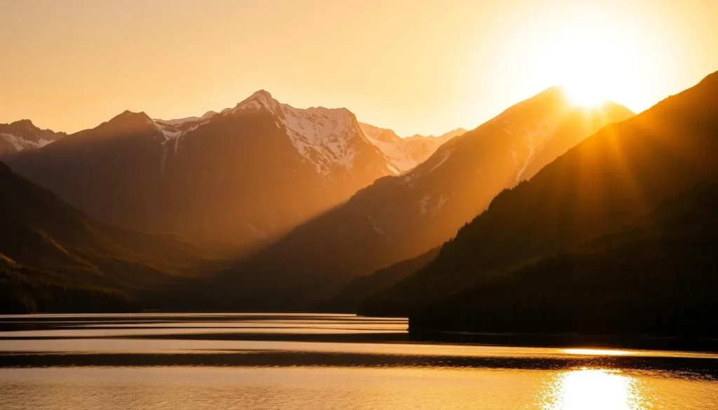 A breathtaking midnight sun casts a warm, golden glow over the majestic Stora Sjofallet Mountains in Sweden. The rugged peaks and valleys are bathed in a serene, ethereal light, creating a captivating and otherworldly atmosphere. In the foreground, a tranquil lake reflects the natural beauty, its still waters mirroring the towering mountains. The middle ground features lush, verdant forests, their deep greens contrasting with the glowing sky. The background is dominated by the stunning, snow-capped peaks, reaching towards the heavens. The lighting is soft and diffused, creating a sense of timelessness and wonder. This awe-inspiring scene invites the viewer to immerse themselves in the breathtaking natural splendor of the Midnight Sun phenomenon.