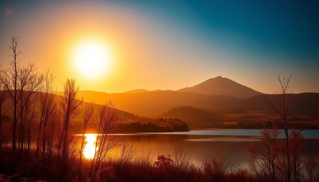 A breathtaking midnight sun illuminates the serene landscape of Levi, Finland. The golden glow casts a warm, ethereal light over the gently rolling hills, reflecting off the tranquil lake in the foreground. Silhouetted birch trees line the shore, their delicate branches swaying in the cool breeze. In the distance, the majestic Levi fell, a prominent peak in the Lapland region, stands tall against the vibrant, almost neon-like sky. The scene evokes a sense of peaceful solitude, a perfect summer's night in this captivating Nordic wonderland.