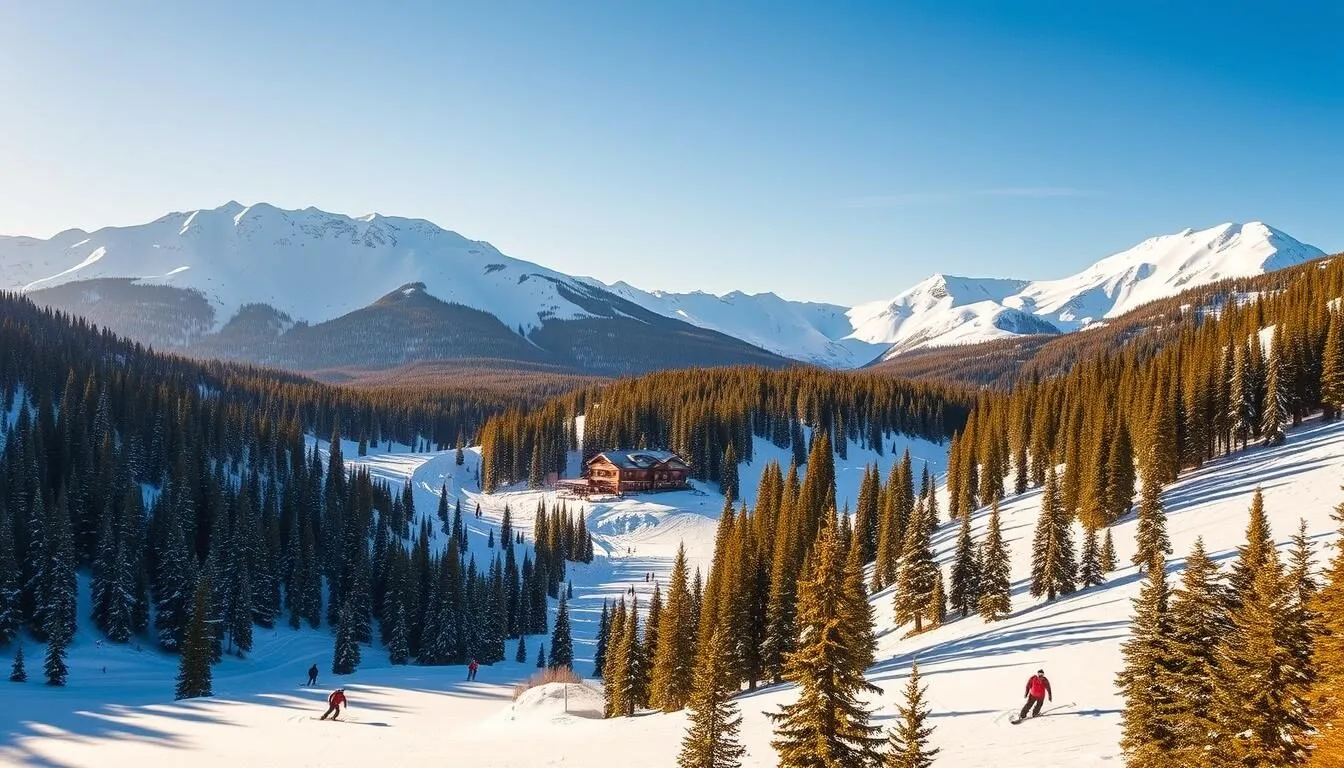 A breathtaking mountain landscape at Sunshine Village Ski Resort in the Canadian Rockies, Alberta. Majestic snow-capped peaks rise in the background, framed by a clear, azure sky. In the foreground, pristine ski trails wind through lush evergreen forests, blanketed in a fresh layer of powdery snow. Skiers and snowboarders carve graceful turns down the well-groomed slopes, their colorful outfits contrasting against the serene, winter wonderland. Warm, golden sunlight filters through the trees, casting a soft, magical glow over the entire scene. A cozy, mountain chalet nestled in the distance completes the quintessential ski resort atmosphere.