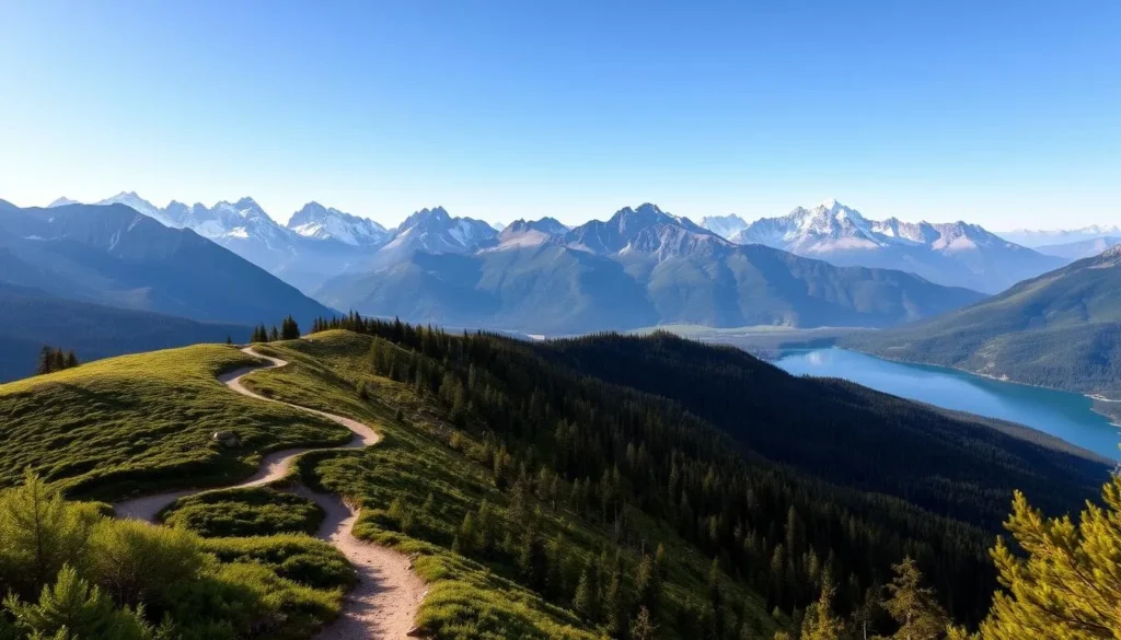 A breathtaking mountain landscape under a clear, azure sky. In the foreground, a winding trail winds through lush, verdant forest, beckoning adventurers to explore. Majestic peaks rise in the distance, their snow-capped summits glittering in the warm sunlight. A serene alpine lake reflects the towering mountains, its crystalline waters inviting hikers to pause and take in the stunning panorama. The scene is infused with a sense of tranquility and adventure, capturing the essence of a perfect day trip from Centennial, Colorado.