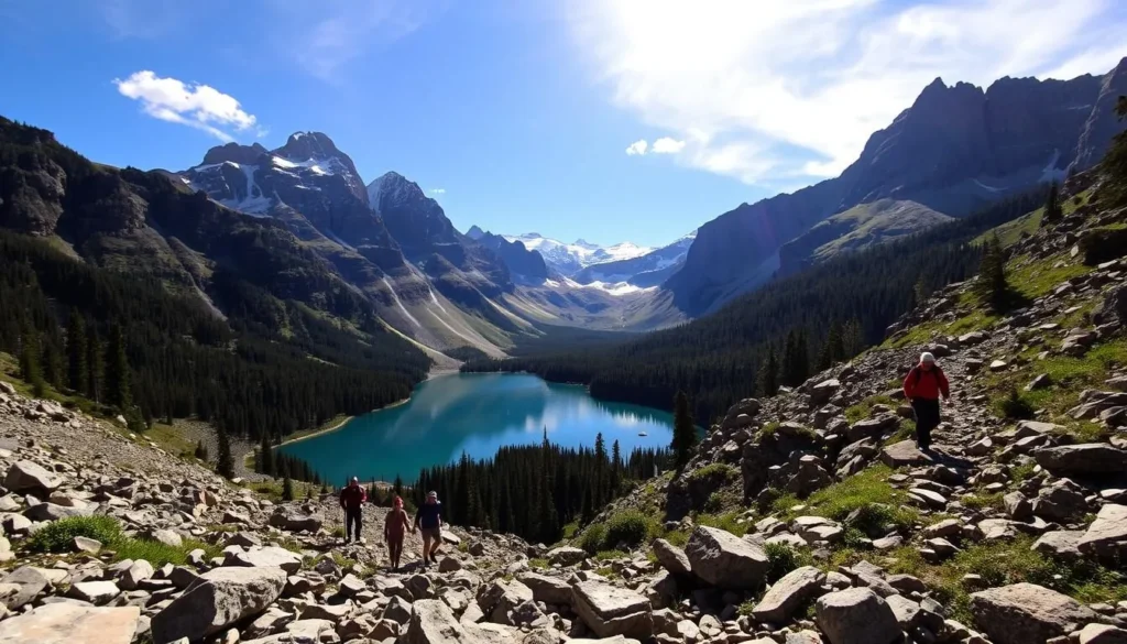 A breathtaking mountainous landscape under a bright, sun-dappled sky. In the foreground, a pristine alpine lake reflecting the rugged peaks and lush foliage. Adventurous hikers carefully navigate the rocky, winding trails leading up to the lake, their figures silhouetted against the dramatic backdrop. The scene exudes a sense of exhilaration and discovery, inviting the viewer to explore the untamed beauty of Bow Lake and its scrambling opportunities.