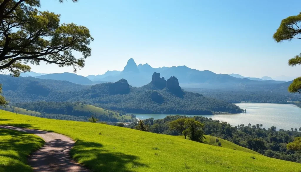 A breathtaking natural landscape in Brasilia, Brazil, with lush, verdant hills and valleys dotted with towering rock formations in the distance. In the foreground, a winding path cuts through a grassy meadow, inviting the viewer to explore. Dappled sunlight filters through the canopy of towering trees, casting a warm, golden glow over the scene. In the middle ground, a serene, glittering lake reflects the surrounding beauty, its tranquil surface broken only by the occasional splash of wildlife. The background is dominated by majestic, rugged mountains, their peaks reaching up towards a clear, azure sky. The overall atmosphere is one of tranquility and wonder, capturing the natural essence of Brasilia's stunning landscape.