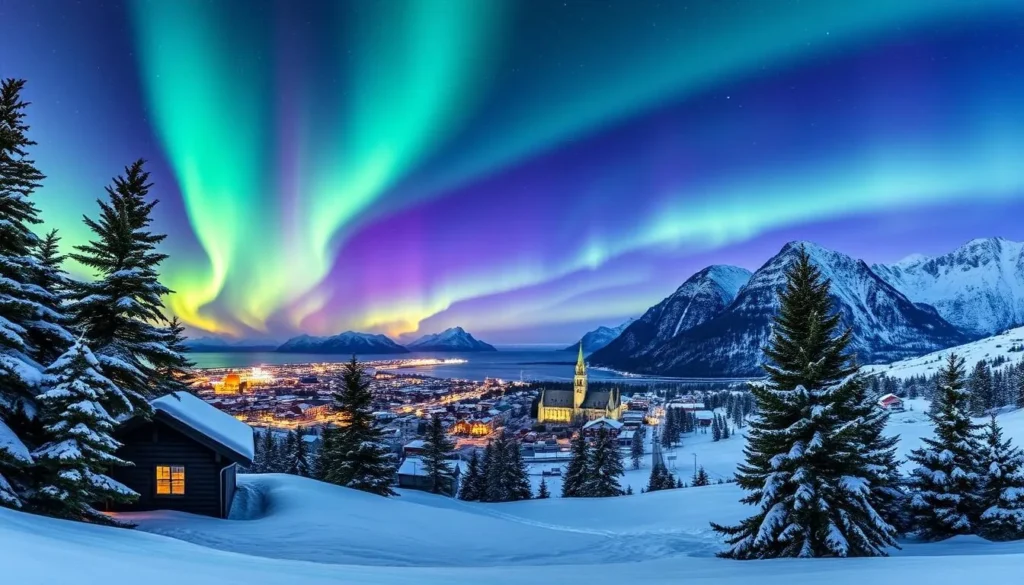 A breathtaking night sky over the picturesque city of Tromso, Norway, illuminated by the mesmerizing display of the Northern Lights. The vibrant green and purple aurora borealis dance across the heavens, casting a ethereal glow over the snow-covered landscape. In the foreground, a cozy Norwegian cabin nestled among the pine trees, its warm lights a welcoming contrast to the icy winter air. The middle ground features the historic city center, with its quaint buildings and the iconic Arctic Cathedral standing tall. In the distance, the majestic Fjellheisen cable car system ascends the towering mountains, offering panoramic views of this winter wonderland. The overall scene captures the enchanting and magical atmosphere of Tromso during the winter season.