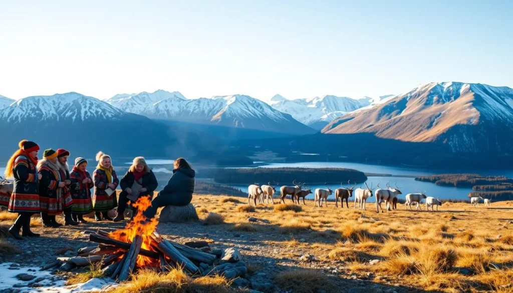 A breathtaking outdoor scene showcasing the rich cultural traditions of the Sami people in Jämtland County, Sweden. In the foreground, a group of Sami people dressed in their vibrant, colorful traditional attire gather around a blazing fire, engaged in lively conversation and sharing stories. In the middle ground, a herd of reindeer graze peacefully, a testament to the Sami's deep connection with nature. The background features a majestic mountain landscape, with snow-capped peaks and pristine lakes reflecting the clear, azure sky. The warm, golden lighting casts a serene glow, evoking a sense of tranquility and timelessness. This picturesque scene captures the essence of Sami culture and its enduring presence in the beautiful region of Jämtland County.
