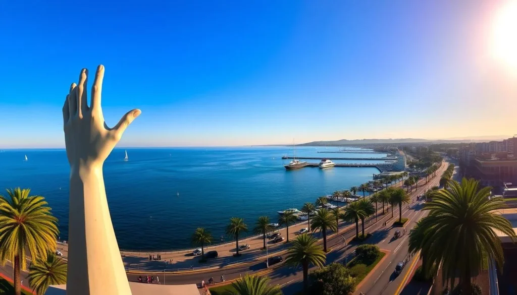 A breathtaking panorama of Punta del Este, Uruguay, bathed in golden afternoon light. In the foreground, the iconic Mano de Punta del Este sculpture stands tall, its outstretched fingers reaching towards the azure sky. The middle ground showcases the vibrant seaside promenade, lined with palm trees and bustling with pedestrians. In the distance, the picturesque harbor is dotted with sailboats and yachts, while the horizon is defined by the sweeping curve of the coastline and the rolling hills beyond. The image conveys a sense of tranquility and natural beauty, inviting the viewer to imagine themselves strolling along the serene waterfront.