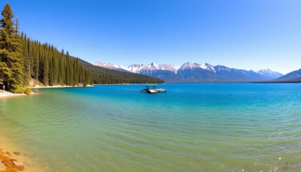 A breathtaking panorama of Sylvan Lake, Alberta's hidden gem. In the foreground, the serene azure waters of the lake glisten under the warm, golden sunlight. Towering pine-covered hills surround the lake, their verdant canopies casting gentle shadows across the tranquil surface. In the middle ground, a picturesque dock extends out into the lake, inviting visitors to stroll and take in the stunning vistas. The background is dominated by the majestic Rocky Mountains, their snow-capped peaks reaching up towards the clear, azure sky. The scene exudes a sense of peaceful solitude, capturing the essence of Sylvan Lake's natural beauty and unspoiled charm.