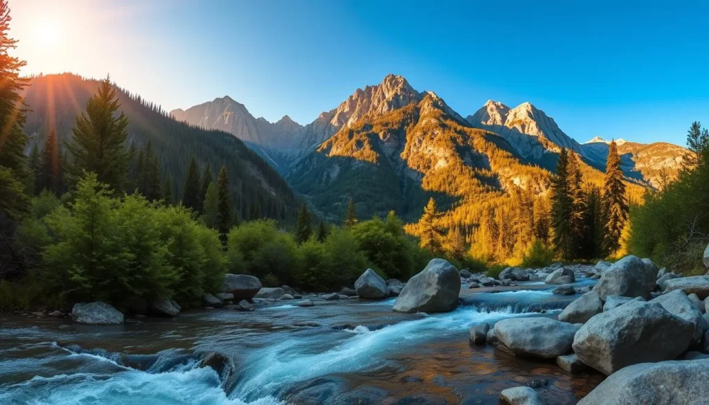 A breathtaking panorama of the Canadian Appalachians, bathed in golden afternoon light. Rugged, tree-covered peaks rise majestically against a clear, azure sky. In the foreground, a crystal-clear mountain stream cascades over smooth rocks, its gentle flow creating mesmerizing patterns. Sunlight filters through the lush, verdant foliage, casting a warm, inviting glow over the entire scene. A sense of peaceful solitude pervades the landscape, inviting the viewer to immerse themselves in the serene beauty of this natural wonder. Captured with a wide-angle lens to showcase the grandeur of the mountains, this image evokes the awe-inspiring splendor of the Canadian Appalachians.