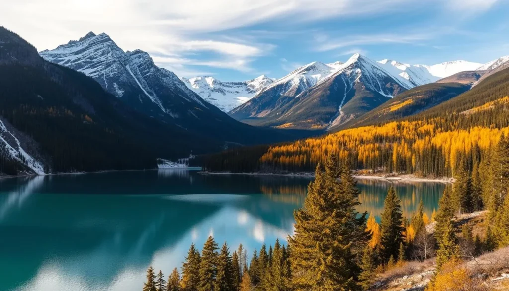 A breathtaking panorama of the Canadian Rockies, showcasing the region's seasonal transformations. In the foreground, a serene alpine lake reflects the snow-capped peaks and evergreen forests. As the viewer's gaze travels upward, the landscape transitions from lush summer greens to the vibrant hues of autumn, with golden aspen trees contrasting against the deep blues of the sky. In the distance, the mountains are dusted with a fresh layer of pristine winter snow, casting a magical, ethereal glow over the entire scene. Crisp, directional lighting bathes the vista, accentuating the rugged terrain and creating a sense of depth and drama. The overall mood is one of tranquility, wonder, and the timeless beauty of nature's cyclical changes.