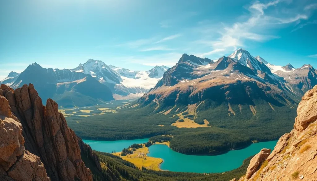 A breathtaking panorama of the Hurrungane peaks, Norway's mountain paradise. Majestic, snow-capped summits reach towards a clear, azure sky, bathed in warm, golden light. In the foreground, rugged, umber-hued rock formations lead the eye towards a serene, turquoise lake, its surface mirroring the surrounding peaks. Lush, verdant forests and alpine meadows fill the middle ground, creating a harmonious contrast with the stark, imposing mountains. A wide-angle lens captures the grandeur and scale of this awe-inspiring landscape, inviting the viewer to immerse themselves in the natural splendor of this Nordic wonderland.