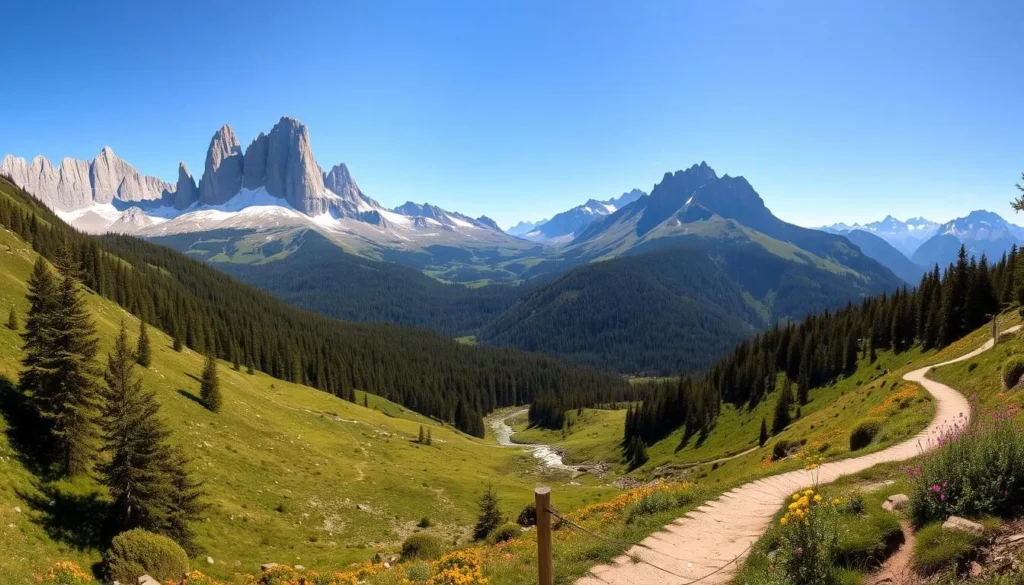 A breathtaking panorama of the Jeseniky Mountains in Czechia, captured on a crisp, sunny day. Towering peaks with jagged rock formations rise majestically in the background, their snow-capped summits glistening under the warm, golden light. In the middle ground, a lush, verdant forest blankets the rolling hills, dotted with vibrant wildflowers. A crystal-clear mountain stream winds its way through the landscape, its gentle currents reflecting the surrounding natural beauty. In the foreground, a hiking trail leads visitors on a journey of discovery, inviting them to immerse themselves in the serene, awe-inspiring splendor of this magnificent alpine region.