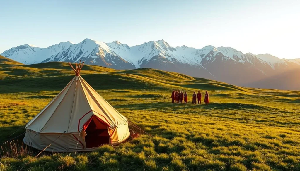 A breathtaking panorama of the Sami culture in the heart of Borgefjell National Park, Norway. In the foreground, a traditional lavvu tent nestled amidst a lush, verdant meadow, its reindeer-skin walls glowing in the warm, golden sunlight. In the middle ground, a group of Sami people in their vibrant, intricate folk costumes engage in traditional activities, such as weaving colorful textiles or carving wooden artifacts. The background showcases the majestic, snow-capped peaks of the Borgefjell mountains, casting a serene, awe-inspiring backdrop to this cultural tableau. The scene exudes a sense of timeless harmony, capturing the essence of the Sami's deep connection to the land and their rich, enduring heritage.