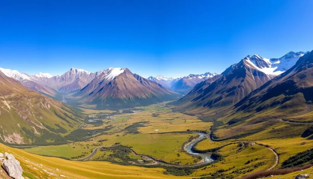 A breathtaking panorama of the Snowdonia mountains, captured on a crisp, sunny day. Majestic peaks rise into the clear blue sky, their rugged, snow-capped summits glimmering in the warm light. In the foreground, a picturesque valley unfolds, dotted with lush, verdant meadows and winding streams that reflect the surrounding peaks. The middle ground reveals a network of hiking trails, winding through the dramatic landscape, inviting the viewer to explore the natural wonders of this stunning Welsh region. The image is framed with a wide-angle lens, conveying a sense of grandeur and immersion, transporting the viewer to the heart of this captivating mountain realm.