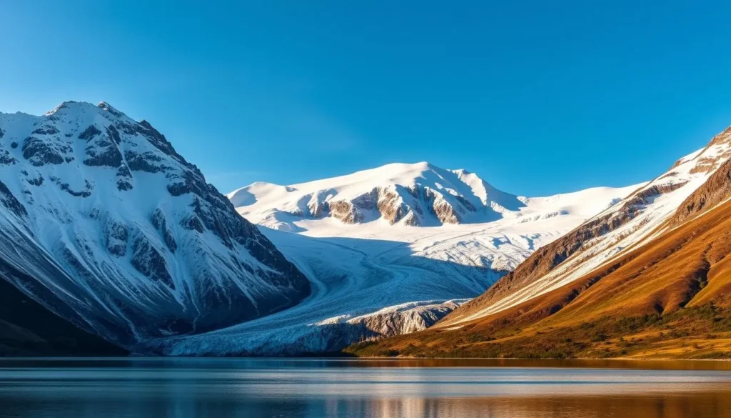 A breathtaking panorama of the Tarfala Valley in Sweden, where towering glaciers dominate the serene landscape. In the foreground, a crystal-clear glacial lake reflects the surrounding peaks, their icy facades glistening under the warm, golden sunlight. The middle ground features the majestic Tarfala Glacier, its myriad of crevasses and seracs sculpted by the passage of time. Beyond, the dramatic backdrop of the Kebnekaise Massif, Sweden's highest mountain range, looms large, its snow-capped summits reaching towards the azure sky. The overall atmosphere is one of awe-inspiring grandeur, capturing the sheer scale and power of these ancient, natural wonders.