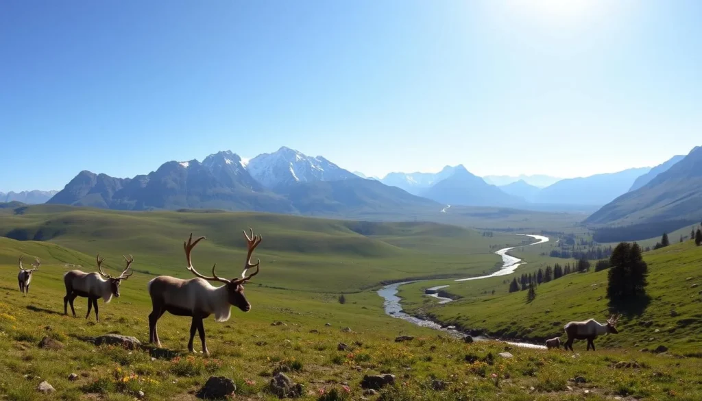 A breathtaking panorama of the Vinnufjellet Mountains in Sweden, bathed in the warm glow of a sunny afternoon. In the foreground, a herd of majestic reindeer graze peacefully, their antlers silhouetted against the rolling hills. The middle ground reveals a crystal-clear stream winding through the lush, verdant meadows, with small, colorful wildflowers dotting the landscape. In the distance, the rugged, snow-capped peaks of the Vinnufjellet range rise majestically, their jagged edges casting dramatic shadows across the scene. The overall atmosphere is one of serene tranquility, inviting the viewer to immerse themselves in the untamed beauty of this pristine wilderness.