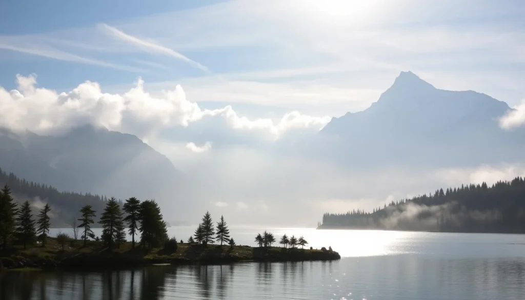 A breathtaking panorama of the majestic Kebnekaise mountain range, blanketed in a soft, ethereal veil of mist. Sunlight filters through the wispy clouds, casting a warm, golden glow over the rugged, snow-capped peaks. In the foreground, a serene alpine lake reflects the stunning landscape, its glassy surface rippling gently in the cool, crisp breeze. The middle ground is dotted with hardy, evergreen trees, their branches swaying in the gentle mountain air. The background is dominated by a dramatic, towering mountain silhouette, its jagged edges cutting a striking profile against the pale, azure sky. The overall scene conveys a sense of tranquility, wonder, and the raw, untamed beauty of the natural world.
