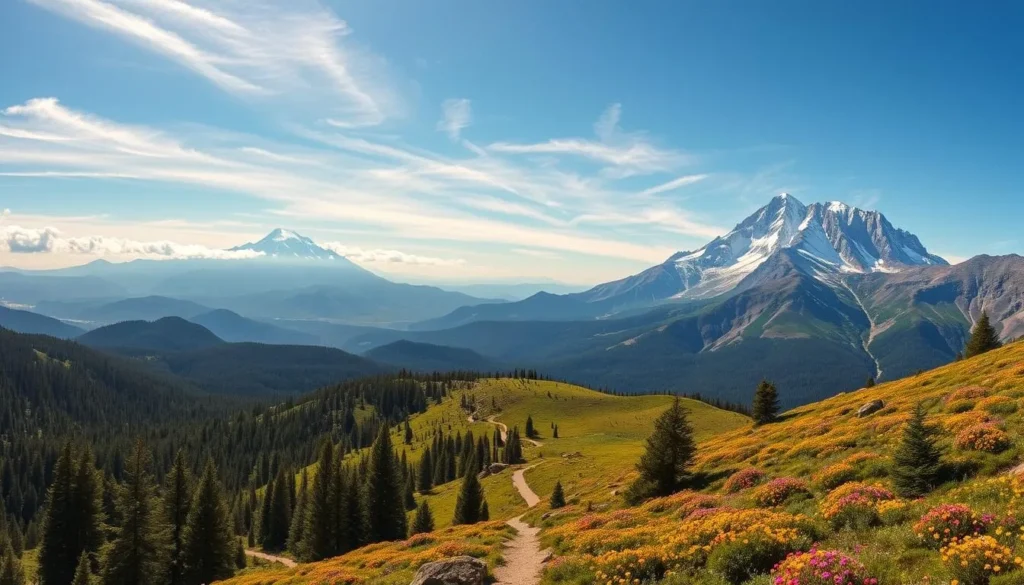 A breathtaking panorama of the majestic San Francisco Peaks in northern Arizona, their snow-capped summits rising majestically against a clear azure sky. In the foreground, lush pine forests and alpine meadows covered in a vibrant carpet of wildflowers. Sunlight filters through wispy clouds, casting a warm, golden glow over the rugged, volcanic peaks. In the middle ground, a winding mountain trail leads hikers through this pristine, awe-inspiring landscape. The scene evokes a sense of tranquility and wonder, inviting the viewer to explore the natural grandeur of this iconic Arizona landmark.