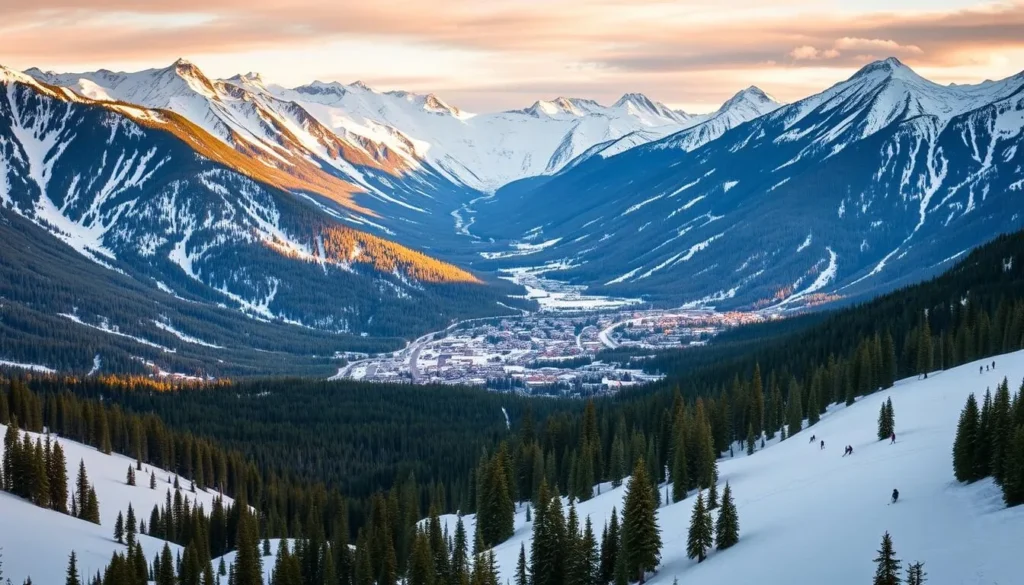 A breathtaking panorama of the majestic Sunshine Village ski resort, nestled amidst the towering peaks of the Canadian Rockies. Capture the grandeur of the snow-capped mountains, their rugged slopes bathed in warm, golden sunlight. Depict the lush, evergreen forests that blanket the hillsides, their verdant hues contrasting with the pristine white of the snow. In the foreground, showcase the well-groomed ski runs, inviting skiers and snowboarders to carve their way down the pristine slopes. The scene exudes a sense of tranquility and adventure, perfectly capturing the essence of the "Mountains of Sunshine Village."