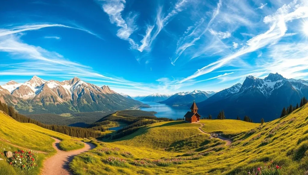 A breathtaking panoramic landscape of the majestic Sunnmore Alps in Norway, bathed in warm, golden sunlight. In the foreground, a winding hiking trail leads through lush, verdant meadows dotted with vibrant wildflowers. Beyond, towering snow-capped peaks rise majestically, their rugged slopes reflected in crystal-clear alpine lakes. The middle ground features a traditional Norwegian stave church, its rustic wooden structure nestled among rolling hills and dense evergreen forests. The sky is a brilliant azure, with wispy white clouds drifting lazily overhead, creating a serene and tranquil atmosphere. Captured with a wide-angle lens, this sweeping panorama showcases the breathtaking natural beauty and picturesque charm of the Sunnmore Alps, the perfect setting for an unforgettable outdoor adventure.