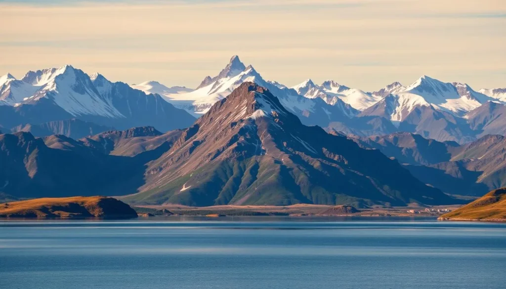 A breathtaking panoramic view of Hardangervidda National Park in Norway. In the foreground, a tranquil alpine lake reflects the majestic mountains surrounding it. The middle ground features a rugged, snow-capped peak, its jagged edges casting dramatic shadows across the landscape. In the background, a range of towering, glacier-clad mountains rise up towards the sky, bathed in warm, golden sunlight. The scene exudes a sense of serene, untamed natural beauty, inviting the viewer to immerse themselves in the grandeur of this iconic Norwegian wilderness.