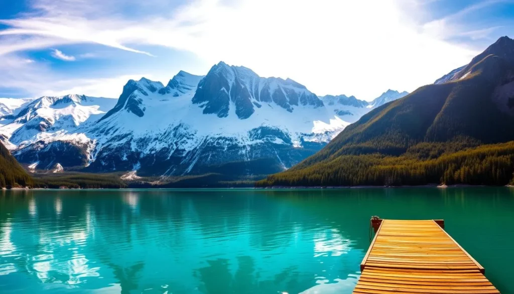 A breathtaking panoramic view of Lake Vinstre, nestled amidst the majestic Norwegian fjords. Crystalline turquoise waters reflect the snow-capped peaks that rise dramatically in the background, their jagged silhouettes casting long shadows across the serene surface. In the foreground, a picturesque wooden dock extends into the tranquil lake, inviting visitors to pause and soak in the natural beauty. Warm, golden sunlight filters through wispy clouds, casting a warm glow over the entire scene and creating a sense of peaceful solitude. The surrounding lush, verdant forests and the distant, rugged mountains contribute to the awe-inspiring, untamed character of this hidden gem in the heart of Norway.