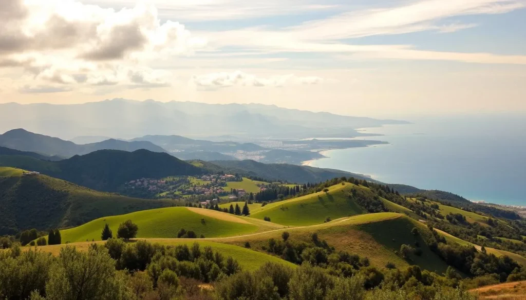 A breathtaking panoramic view of Lebanon's enchanting landscape. In the foreground, verdant rolling hills dotted with olive groves and citrus orchards. The middle ground reveals majestic mountains, their peaks capped with pristine snow. Warm Mediterranean sunlight filters through wispy clouds, casting a soft, golden glow over the scene. In the distance, the sparkling azure waters of the Levantine Sea glisten on the horizon. This idyllic, timeless vista captures the essence of Lebanon, the "Pearl of the Middle East" - a harmonious blend of natural beauty, rich history, and vibrant culture.