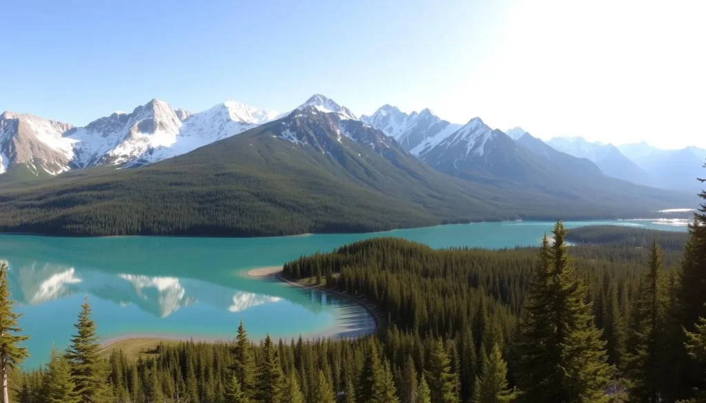 A breathtaking panoramic view of Medicine Lake, Alberta, nestled amidst the majestic Canadian Rocky Mountains. Capture the tranquil, turquoise waters reflecting the towering snow-capped peaks in the distance, creating a serene and awe-inspiring landscape. Depict a warm, sunny day with soft, diffused lighting illuminating the lush, verdant shoreline and the dense evergreen forests that surround the lake. Showcase the natural beauty of this picturesque destination, inviting the viewer to immerse themselves in the serene and captivating scenery. A breathtaking panoramic view of Medicine Lake, Alberta, nestled amidst the majestic Canadian Rocky Mountains. Capture the tranquil, turquoise waters reflecting the towering snow-capped peaks in the distance, creating a serene and awe-inspiring landscape. Depict a warm, sunny day with soft, diffused lighting illuminating the lush, verdant shoreline and the dense evergreen forests that surround the lake. Showcase the natural beauty of this picturesque destination, inviting the viewer to immerse themselves in the serene and captivating scenery.