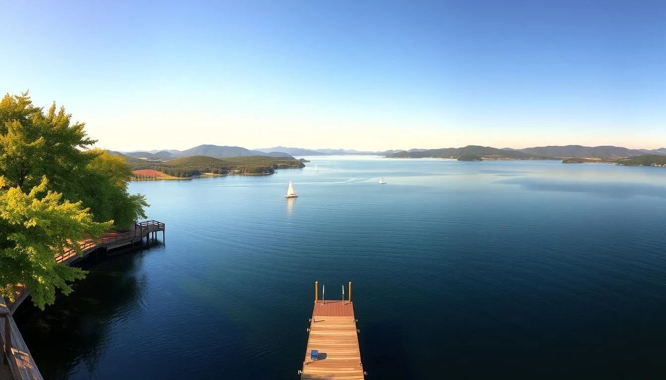 A breathtaking panoramic view of Seneca Lake, New York on a sunny day. In the foreground, a picturesque dock juts out into the serene, mirror-like waters. Lush, verdant trees line the shoreline, casting gentle shadows across the scene. In the middle ground, sailboats gently drift across the lake, their sails catching the warm, golden light. Beyond, the rolling hills and vineyards that surround the lake create a stunning natural backdrop, with the distant peaks of the Finger Lakes region rising majestically in the background. The overall atmosphere is one of tranquility and natural beauty, inviting the viewer to immerse themselves in the serene splendor of this idyllic location.