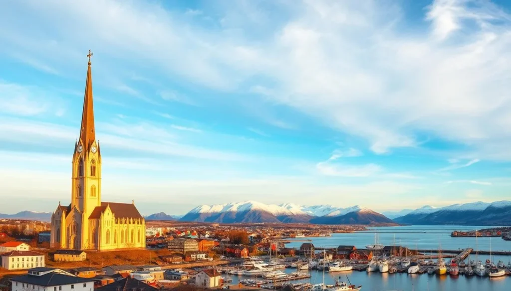A breathtaking panoramic view of Tromsø, the vibrant Arctic capital of Norway. In the foreground, the iconic Arctic Cathedral stands tall, its distinct architecture catching the soft golden light of the sun. The bustling harbor is dotted with colorful fishing boats and yachts, while the city's charming wooden houses climb the hillsides. In the middle ground, the snow-capped peaks of the Lyngen Alps rise majestically, their jagged silhouettes reflected in the still waters of the fjord. The sky is a stunning canvas of pastel hues, with wispy clouds drifting lazily overhead. The overall scene exudes a sense of peaceful tranquility, inviting the viewer to immerse themselves in the beauty of this breathtaking Norwegian city.