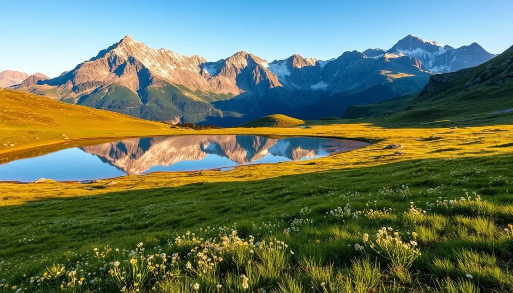 A breathtaking panoramic view of the Borgefjell landscape in Norway. In the foreground, a pristine alpine lake reflects the towering mountains in its crystal-clear waters. Lush, verdant meadows dotted with wildflowers lead the eye towards the majestic peaks in the middle ground, their snow-capped summits glowing under the warm, golden sunlight. In the distance, a range of dramatic, rugged mountains rise majestically, their jagged silhouettes against a clear, azure sky. The scene exudes a sense of peaceful serenity and untamed natural beauty, inviting the viewer to immerse themselves in the captivating landscape of Borgefjell.
