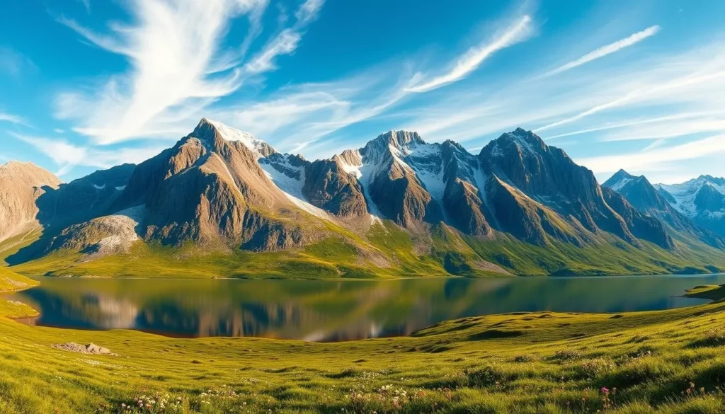 A breathtaking panoramic view of the majestic Dovrefjell-Sunndalsfjella National Park mountains. Towering peaks of granite and snow rise up into a clear blue sky, with wispy clouds drifting overhead. In the foreground, a serene alpine lake reflects the surrounding landscape, its still waters a mirror of the rugged beauty. Lush green meadows dotted with wildflowers lead the eye up towards the dramatic cliffs and glaciers. The scene is bathed in warm, golden sunlight, casting long shadows and highlighting the textured surfaces of the rock formations. A feeling of tranquility and awe permeates the air, capturing the grandeur of this pristine Norwegian wilderness.