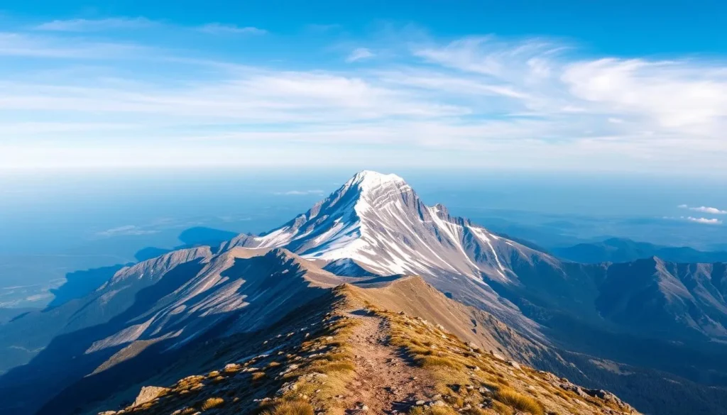 A breathtaking panoramic view of the majestic Gaustatoppen summit in Norway, captured on a clear, sunny day. In the foreground, a well-trodden hiking trail leads the viewer's eye towards the towering, snow-capped peak, surrounded by a rugged, alpine landscape. The middle ground showcases the dramatic, jagged ridges and rocky outcrops that characterize the mountain's distinctive silhouette. In the distance, a vast, azure sky stretches out, punctuated by wispy, ethereal clouds that cast gentle shadows across the scene. The lighting is warm and natural, creating a sense of tranquility and awe-inspiring grandeur that perfectly captures the essence of this iconic Norwegian landscape.