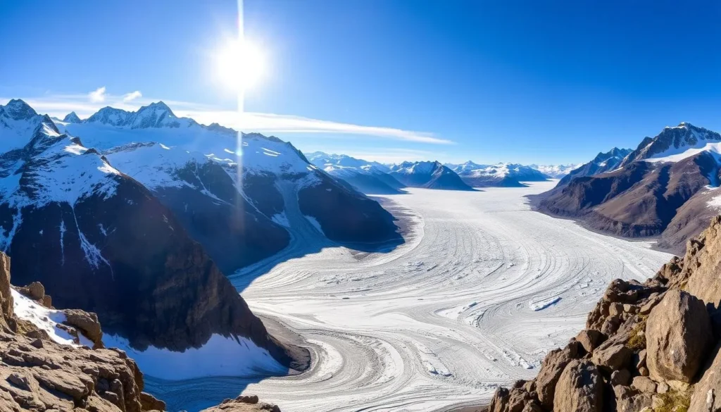 A breathtaking panoramic view of the majestic Jostedalsbreen Glacier, Europe's largest mainland glacier, nestled within the stunning Jostedalsbreen National Park in Norway. The sun's warm rays cast a golden glow over the vast expanse of pristine, glistening ice and snow, creating a serene and awe-inspiring scene. In the foreground, rugged peaks and rocky cliffs frame the glacier, while in the distance, towering mountains rise up to meet the azure sky. The scene conveys a sense of tranquility and the grandeur of nature, inviting the viewer to immerse themselves in the beauty of this natural wonder.