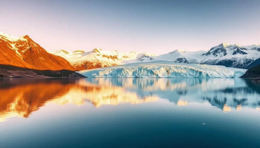 A breathtaking panoramic view of the majestic Svartisen Glacier, nestled amidst the rugged Norwegian fjords. Capture the serene landscape bathed in warm, golden sunlight, with the glacier's pristine, ice-blue expanse reflecting the surrounding snow-capped peaks. In the foreground, a tranquil lake mirrors the dramatic scenery, its still waters creating a captivating mirror effect. Emphasize the scale and grandeur of the glacier, conveying a sense of awe and wonder. Depict the scene with a crisp, high-resolution camera lens, showcasing the intricate details and natural beauty of this stunning natural wonder.