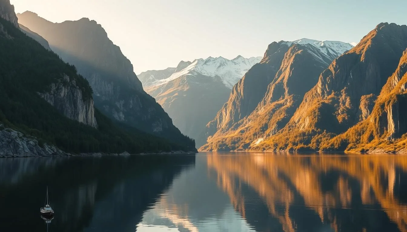 A breathtaking panoramic view of the majestic Tysfjord fjords in Norway. Towering granite cliffs plunge into the serene, mirror-like waters, their rugged edges softened by a warm, golden glow from the afternoon sun. In the foreground, a small fishing boat gently drifts, its reflection mirrored in the still surface. The middle ground features lush, verdant forests clinging to the steep, rocky slopes, while the distant peaks are capped with a dusting of snow, creating a picturesque contrast. The scene is bathed in a warm, natural light, conveying a sense of tranquility and adventure. Captured with a wide-angle lens to showcase the grand scale and breathtaking beauty of this Norwegian wonder.