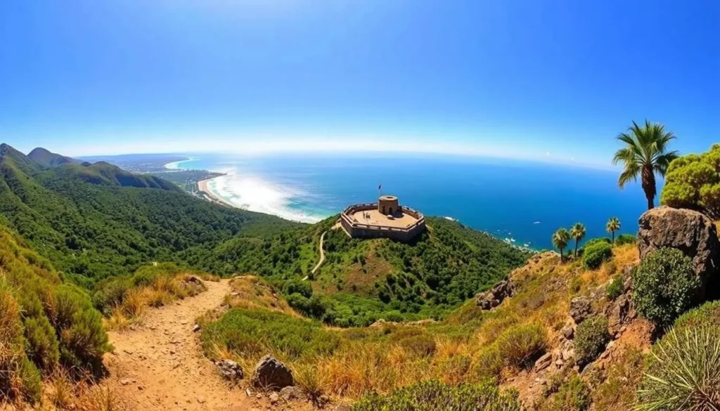 A breathtaking panoramic view of the picturesque Santa Teresa National Park in Uruguay. The rolling hills and lush green forests frame a stunning coastal landscape, with the crystal-clear waters of the Atlantic Ocean glistening in the warm, golden sunlight. In the foreground, a rugged hiking trail winds through the natural scenery, inviting the viewer to explore the park's hidden gems. The middle ground showcases the iconic Santa Teresa Fortress, its stone walls and towers standing in majestic contrast to the surrounding environment. In the distance, the horizon is dotted with the silhouettes of swaying palm trees, creating a serene and tranquil atmosphere. This scene captures the essence of the "Photography Hotspots in Santa Teresa" section, offering a breathtaking visual representation of the natural beauty and historical significance of this remarkable national park.