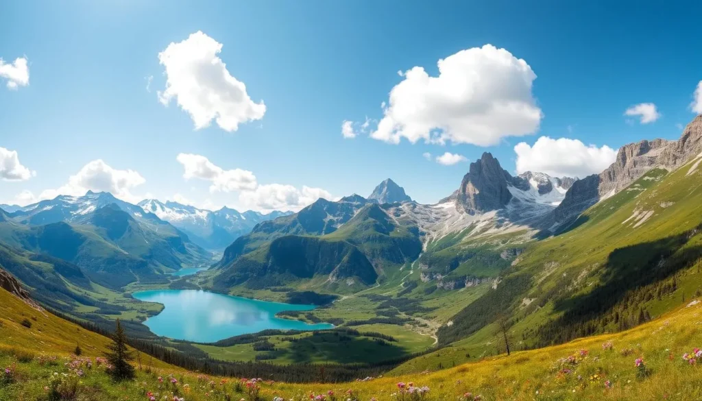 A breathtaking panoramic view of the picturesque Tarfala Valley, nestled amidst the majestic Swedish Alps. Crisp, clear skies overhead with fluffy white clouds casting gentle shadows on the lush, verdant meadows below. Towering peaks of granite and snow-capped mountains rise in the distance, their jagged silhouettes reflected in the still, azure-blue waters of a pristine alpine lake. Wildflowers dot the foreground, their vibrant hues complementing the rugged, yet serene, landscape. Warm, golden sunlight filters through the scene, illuminating the valley and creating a sense of tranquility and adventure. This idyllic setting captures the essence of the best time to visit Tarfala Valley, where nature's beauty is on full display.