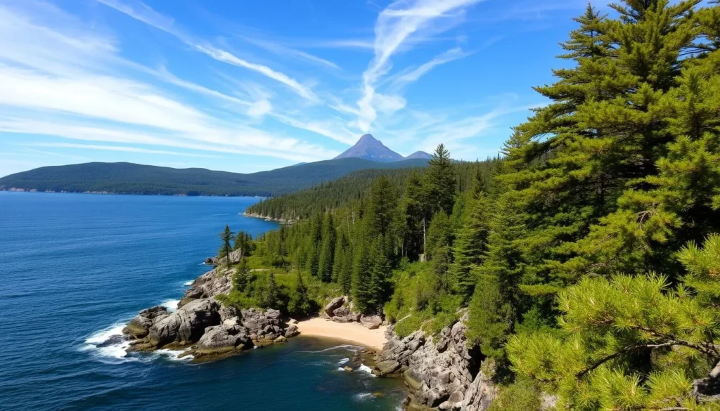 A breathtaking panoramic view of the rugged coastline and lush forests of Acadia National Park on a sunny day. In the foreground, a serene granite-lined cove with gently lapping waves and a small sandy beach. In the middle ground, towering pine and fir trees cover the rolling hills, their verdant foliage swaying in the light breeze. In the background, the iconic Cadillac Mountain rises majestically, its peak basking in the warm sunlight. A crystal-clear azure sky with wispy white clouds overhead completes the scene, conveying a sense of tranquility and natural wonder.