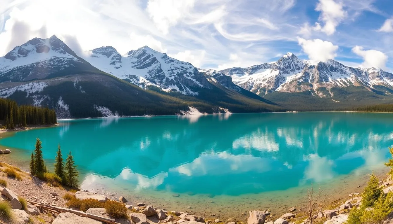 A breathtaking panoramic view of the serene Upper Kananaskis Lake, nestled amidst the majestic Canadian Rockies. Crystalline turquoise waters reflect the surrounding snow-capped peaks and lush evergreen forests, creating a captivating natural harmony. Warm sunlight filters through wispy clouds, casting a soft, ethereal glow over the tranquil scene. In the foreground, a pristine shoreline with rugged boulders and sparse vegetation invites exploration, while the middle ground features a gentle slope leading up to the alpine landscape. The background is dominated by towering, jagged mountains that rise majestically, evoking a sense of awe and wonder.