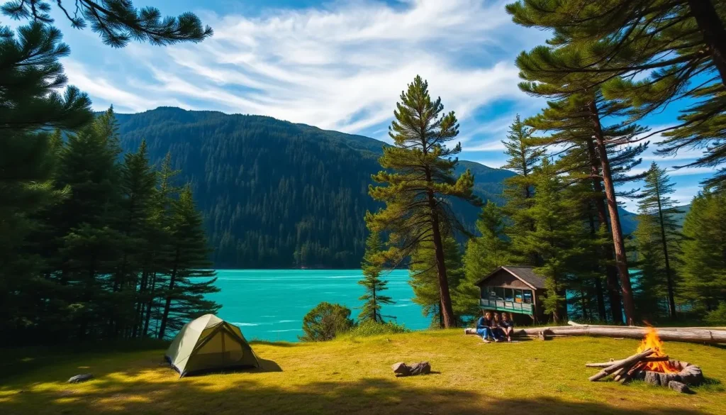 A breathtaking riverside campsite nestled along the turquoise waters of the Futaleufu River, Chile. Lush pine forests frame the scene, their verdant canopy casting a warm, dappled glow across the serene camp. In the foreground, a cozy tent sits amidst a grassy clearing, its occupants enjoying the tranquility of the great outdoors. Nearby, a campfire crackles, its gentle flames illuminating the faces of adventurers relishing their multi-day rafting journey. The sky is a brilliant azure, with wispy clouds drifting lazily overhead. The entire composition exudes a sense of peaceful exploration, inviting the viewer to immerse themselves in the rugged beauty of Patagonia.
