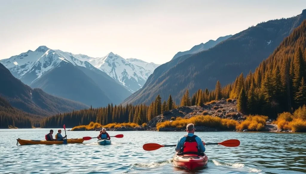 A breathtaking scene in the heart of Bella Coola, British Columbia, showcasing the region's incredible adventure activities. In the foreground, a group of kayakers navigating the tranquil waters, surrounded by the towering, snow-capped peaks of the Coast Mountains. In the middle ground, a pair of hikers traverse a rugged trail, taking in the stunning vistas. In the background, a lush, green forest frames the scene, bathed in warm, golden sunlight filtering through the canopy. The overall mood is one of exhilaration and awe, capturing the essence of Bella Coola's best adventure offerings.