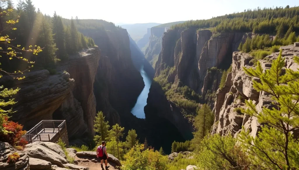 A breathtaking scene of Ausable Chasm, New York's natural wonder. In the foreground, hikers explore the rugged trails, navigating the carved rock formations and lush greenery. The middle ground reveals the iconic horseshoe-shaped chasm, its striking walls plunging into the emerald waters below. Sunlight filters through the canopy, casting a warm, golden glow over the entire landscape. In the distance, towering cliffs rise majestically, framing the scene with a sense of grand adventure. The atmosphere is one of tranquility and awe, inviting visitors to immerse themselves in the breathtaking natural beauty of this incredible destination.